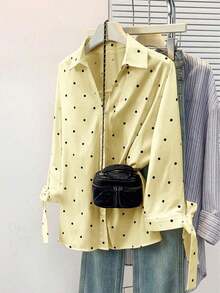 Camisa de mujer con botones y diseño de puños con corbata, de manga 3/4 con lunares, versátil para uso casual, de negocios, para ir y venir del trabajo, y para usar en primavera/verano/otoño de vacaciones - Amarillo - Ver 4