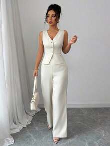 Conjunto de camiseta sin mangas y pantalones elegante para mujer, estilo de oficina y transporte, atuendo de otoño para maestros - Albaricoque - Ver 4