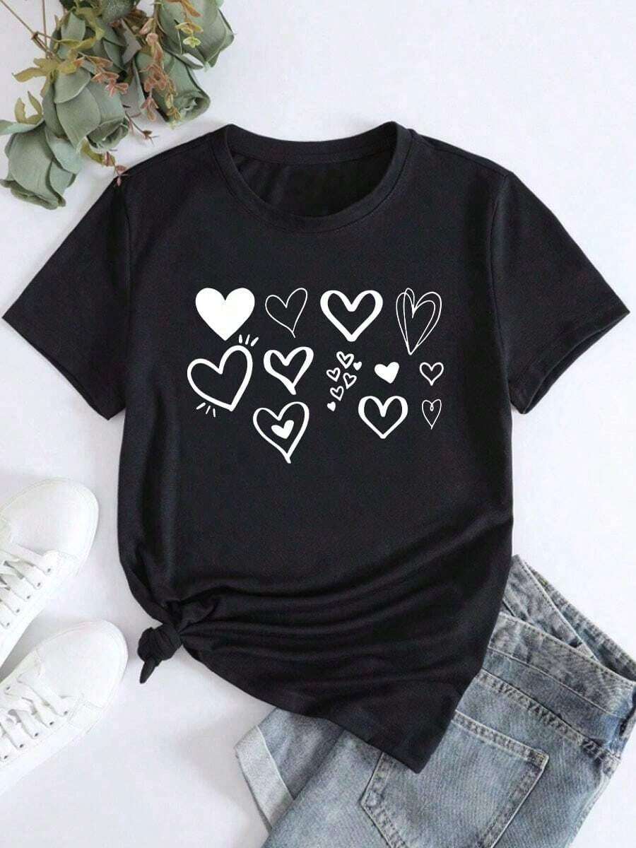 Vintage Camiseta de manga corta para mujer con estampado Multi Heart Casual Loose HomeFashion 100% Cotton - Negro - Ver 1