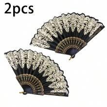 2 piezas Abanicos plegables vintage negro y dorado, estilo palaciego europeo, accesorios de fotografía para bodas y baile, abanicos decorativos portátiles del mismo estilo, adecuados para bodas, recuerdos, baile, fotografía, fiestas, cosplay, enfriamiento en verano, festivales - Multicolor - Ver 11