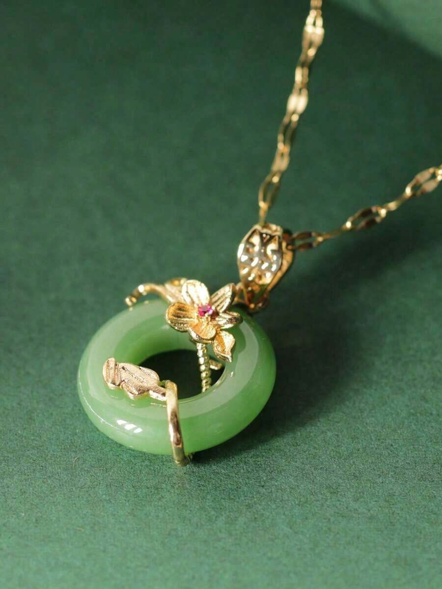1 Green Peace Necklace Flower Ring Micro-Paved Light Luxury Niche Green Jade Leaf Pendant Suitable Daily Wear By Women Valentines - 黃金 - 查看 1