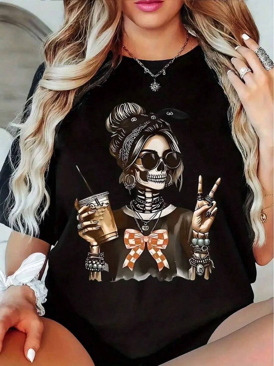 Camiseta de Mujer Estilo Gótico con Arte Popular Mexicano Catrina - Diseño de Esqueleto Tomando Café y Lazo, Blusa Casual de Manga Corta para Trajes del Día de los Muertos, Camiseta del Día de los Muertos para Mujer, Camisetas de Calavera para Mujer, Camiseta de Día de la Memoria, Camiseta de Halloween para Mujer, Camiseta Oversize de Grafiti para Mujer, Camisetas Emo para Mujer, Camiseta de Bruja, Camiseta de Halloween para Damas, Camisetas Góticas para Mujer, Camiseta de Bruja, Camisetas Vi.. . Mujer casual estampado chica con café y lazo cuadros ajuste suelto cuello redondo manga corta primavera verano calle camiseta NLWG - Negro - Ver 1