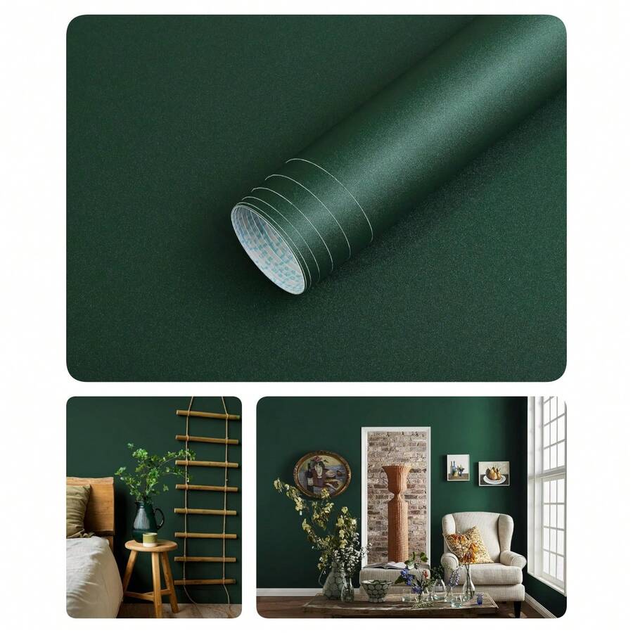 Giấy dán tường màu xanh lá cây đậm, độ bão hòa thấp, mờ, kích thước 17.7inX39.3/118.1/196.8in, thích hợp cho phòng khách và phòng ngủ, kiểu dáng tối giản với họa tiết dập nổi.
