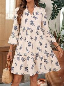 Vestido de mujer con estampado floral, cuello con muesca y mangas acampanadas, adecuado para vacaciones de primavera/verano - Azul y blanco - Ver 1