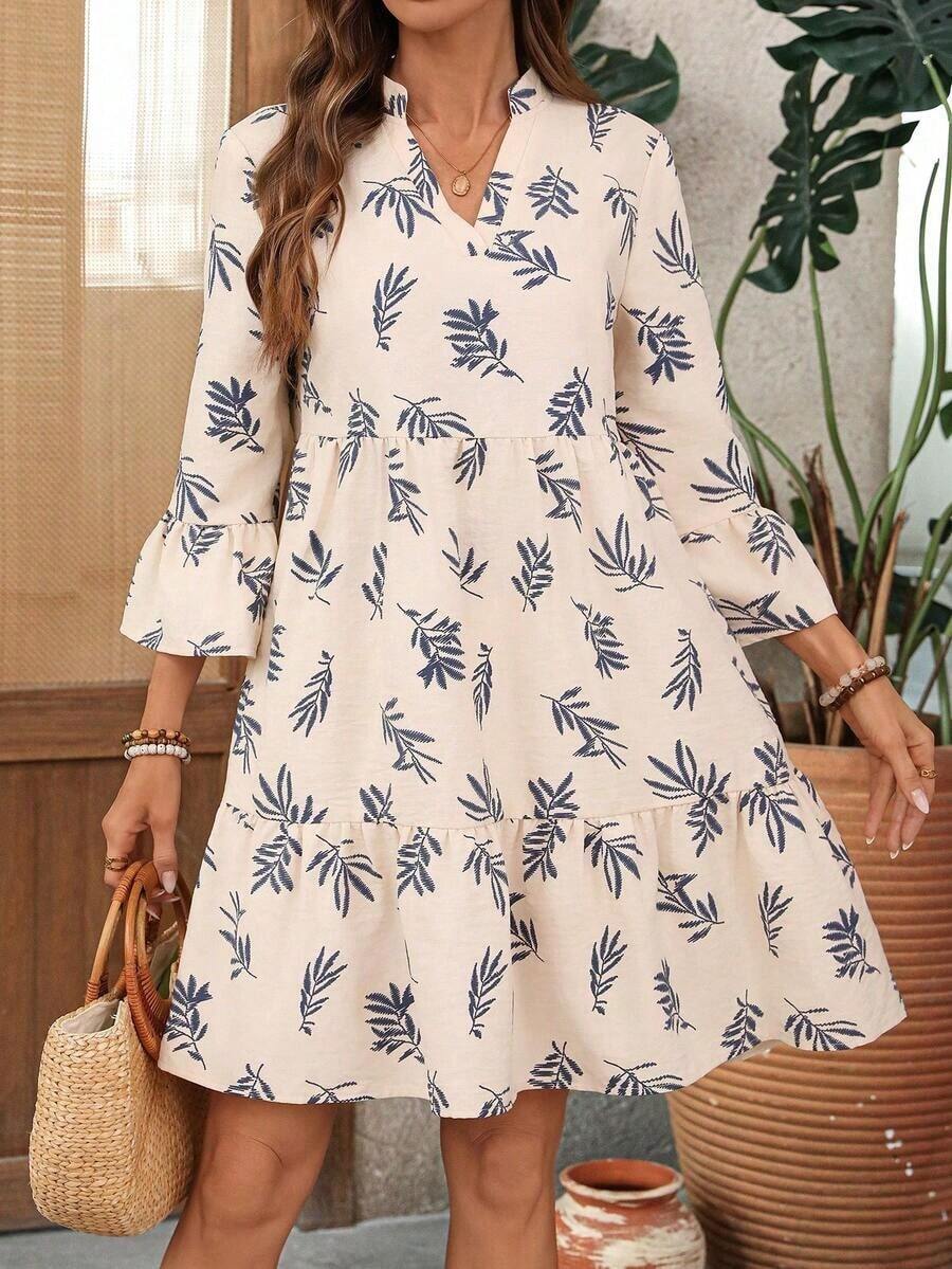 Vestido de mujer con estampado floral, cuello con muesca y mangas acampanadas, adecuado para vacaciones de primavera/verano - Azul y blanco - Ver 1