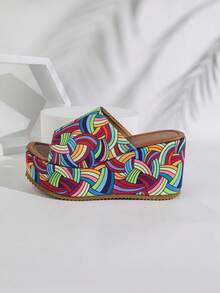2025 Latest Fashion Women's Shoes, Colorful Striped Round Toe Platform Wedge Sandals, High Waterproof Slip-On Suitable For Home And Outdoor Wear, Elegant Personalized Party Date Increased Height Comfortable Stable Sandals - Green - View 9