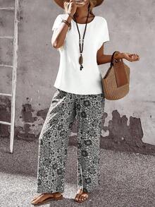 Set de 2 piezas con top de manga corta y pantalón de pierna ancha con estampado geométrico para mujer - Negro - Ver 6