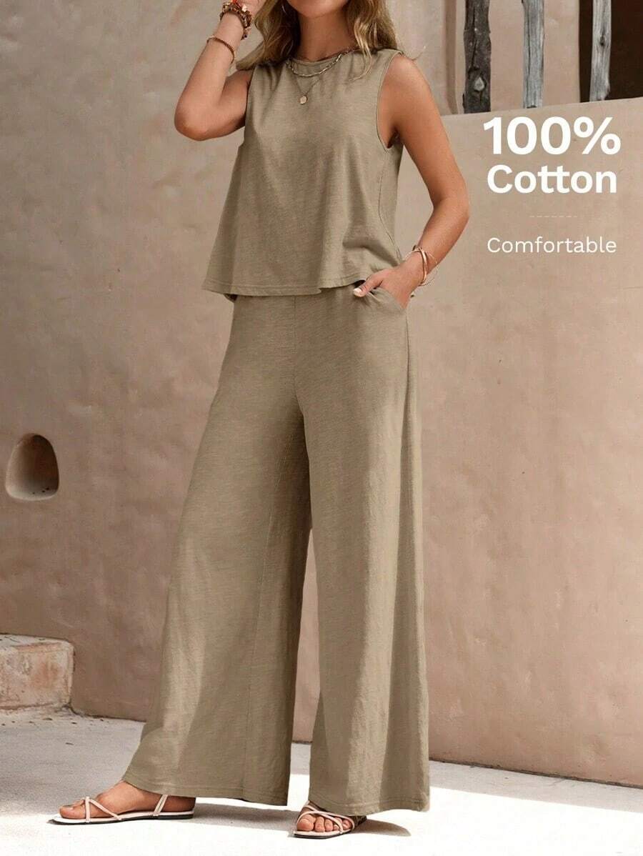 Faunlyn Top tank unicolor & Pantalones de pierna ancha - Caqui - Ver 1