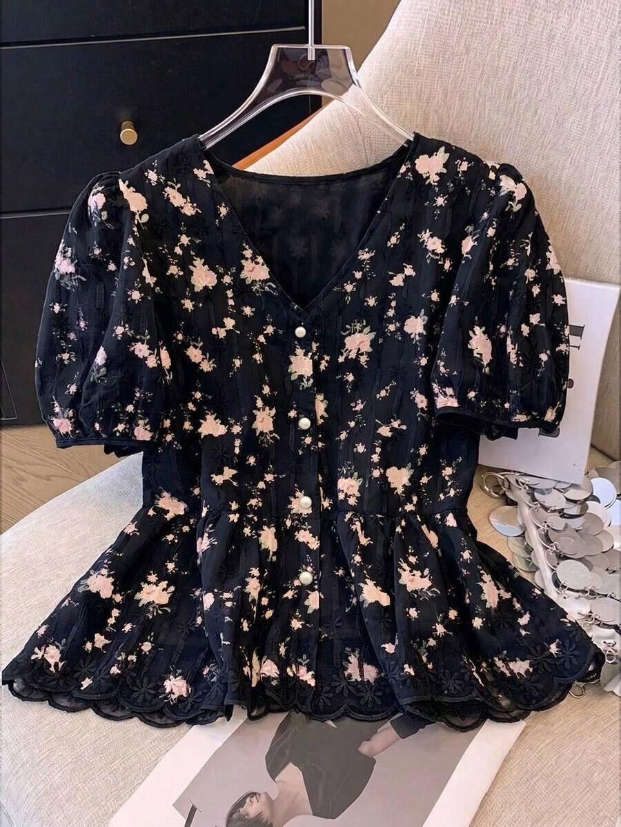 Blusa de mujer con cuello en V bordada de estilo romántico francés de manga corta - Negro - Ver 1