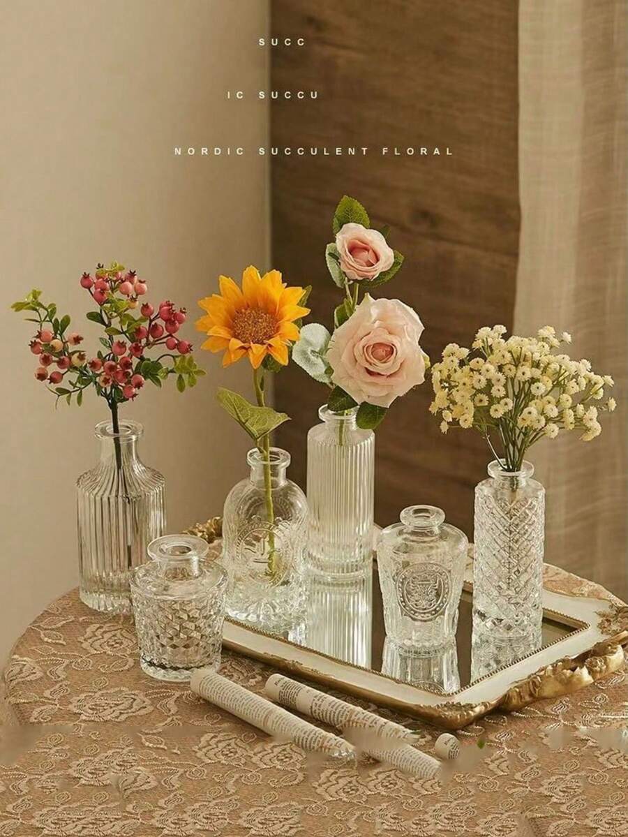 1/10/20-Piece Bohemian-Style Glass Vase Set | Rustic Wedding Mini Vintage Embossed Glass Vases, Home And Table Decorations, Aromatherapy Bottles, Suitable For Home Flower Arrangements, Wedding Decorations, Room Decorations, Etc.