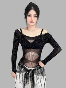 Rhinestone Sheer Mesh Lingerie Costume Set, Sparkling Hot Drill Decor Design, Pure Aesthetic See Through Perspective Style, Elegant Dance Performance Outfit, Soft Stretchy Skin Fabric, Seductive Fitted Tailored Cutting, Glamour Shiny Rhinestone Accents, Flirty Boudoir Tempting, Multi Purpose Themed Uniform Wear, Lightweight Breathable Daily Loungewear, Romantic Intimate Bedroom Attire,  Stylish Stage And Lounge Costume For Women - T330白色簡裝 - 查看 7
