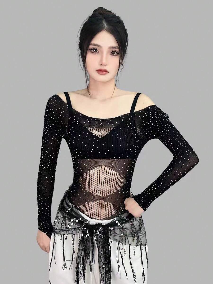 Rhinestone Sheer Mesh Lingerie Costume Set, Sparkling Hot Drill Decor Design, Pure Aesthetic See Through Perspective Style, Elegant Dance Performance Outfit, Soft Stretchy Skin Fabric, Seductive Fitted Tailored Cutting, Glamour Shiny Rhinestone Accents, Flirty Boudoir Tempting, Multi Purpose Themed Uniform Wear, Lightweight Breathable Daily Loungewear, Romantic Intimate Bedroom Attire, Stylish Stage And Lounge Costume For Women - T330黑色簡裝 - 查看 1