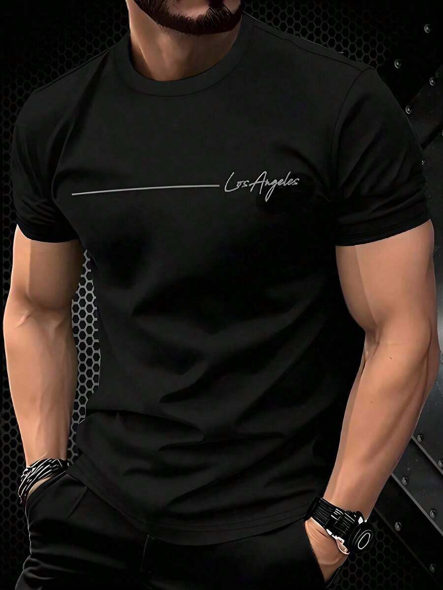 Camiseta minimalista de ciudad con letra para hombres - Negro 2 - Ver 1