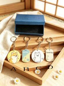 4pcs/Set Japanese Style Shiba Inu & Daisy Flower Keychain Gift Box, Kawaii Dog Daisy Pendant Keyring, Girlfriend Gift - Blue Gift Box - View 12