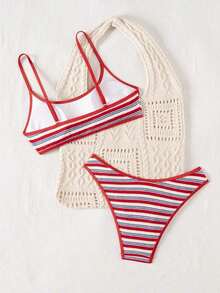 Conjunto de traje de baño para mujer, minimalista y elegante en magenta + multicolor, traje de baño casual y versátil para resort de playa - Multicolor 3 - Ver 3