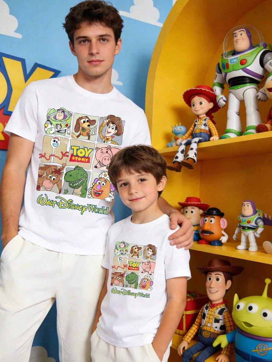 Disney Licensed Toy Story Short-Sleeved T-Shirt, Printed With Woody, Buzz Lightyear And Other Classic Characters From Toy Story. It Symbolizes Family Affection And Friendship, Suitable For Family Matching Outfits, And Perfect For Family Travel And Vacation. This New 2026 Short-Sleeved T-Shirt Is Ideal For Father's Day, Suitable For Both Men And Women. Made Of High-Quality Cotton Material, It Is Comfortable And Breathable. The Exquisite Design Makes It An Excellent Gift Choice For Disney Fans And Toy Story Lovers. - White - View 1