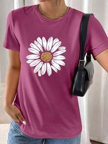 Camiseta cómoda de mujer con estampado de rayas y flores de margarita, cuello redondo, manga corta, minimalista y versátil para uso casual - Rojo violeta - Ver 3