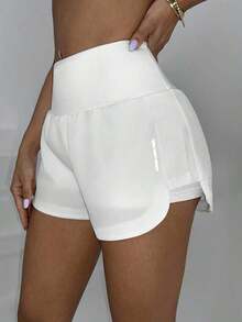 Shorts deportivos de verano de cintura alta con dobladillo dividido de unicolor - Multicolor - Ver 9