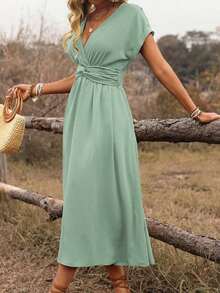 Vestido midi de manga abullonada con escote cruzado, cintura fruncida y espalda retorcida en estilo bohemio occidental casual para primavera/verano de mujer - Verde - Ver 6