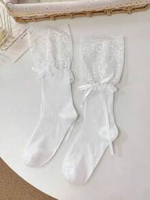 1/4 par de calcetines de media pantorrilla con volantes y lazo de estilo ballet versátil y dulce, para primavera/verano - Multicolor - Ver 14