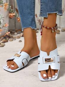 Ximi Ruo New Spring/Summer Fashion Casual Strap Slide Sandals, Comfortable Flat Heel Round Toe Slip-On Beach Slippers, Versatile Decorative Flat Sandals For Summer - Baby Blue - View 6