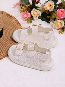 1 Pair Girls' Solid Color Rhinestone Glitter Open Toe Breathable Flat Shiny Casual Sandals Suitable For Summer - Baby Pink - View 5