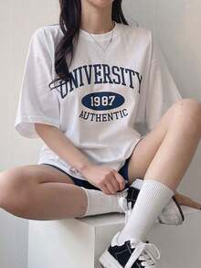 Camiseta holgada de mujer con caída en los hombros y estampado de letras, camiseta oversize, camisetas gráficas de estilo preppy - Blanco - Ver 8