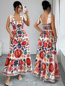 Vestido largo de verano con estampado vintage, hombros con cordones, corte en la cintura para vacaciones y playa para mujeres - Multicolor 2 - Ver 1