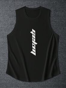Men's Letter Print Crew Neck Raglan Sleeveless Tank Top And Shorts Set, Casual Summer Fitness Muscle Outfit, Versatile Minimalist Sportswear, Suitable For Outdoor Wear - Black - View 8