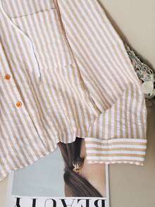 Camisa con capucha holgada con cordón de rayas azules y blancas para mujer, nueva para primavera/otoño - Caqui - Ver 4