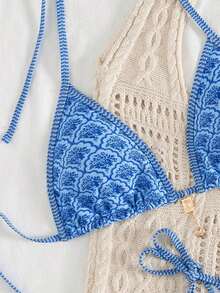 Random Floral Print Bikini Set For Beach Vacation - Blue 2 - View 4