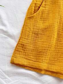 Top sin espalda con textura y lazo, holgado y casual para vacaciones, shorts casuales con elástico en la cintura y bolsillos, para playa y mar - Amarillo - Ver 5