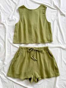 Top sin espalda con textura y lazo, holgado y casual para vacaciones, shorts casuales con elástico en la cintura y bolsillos, para playa y mar - Verde Oliva 2 - Ver 5