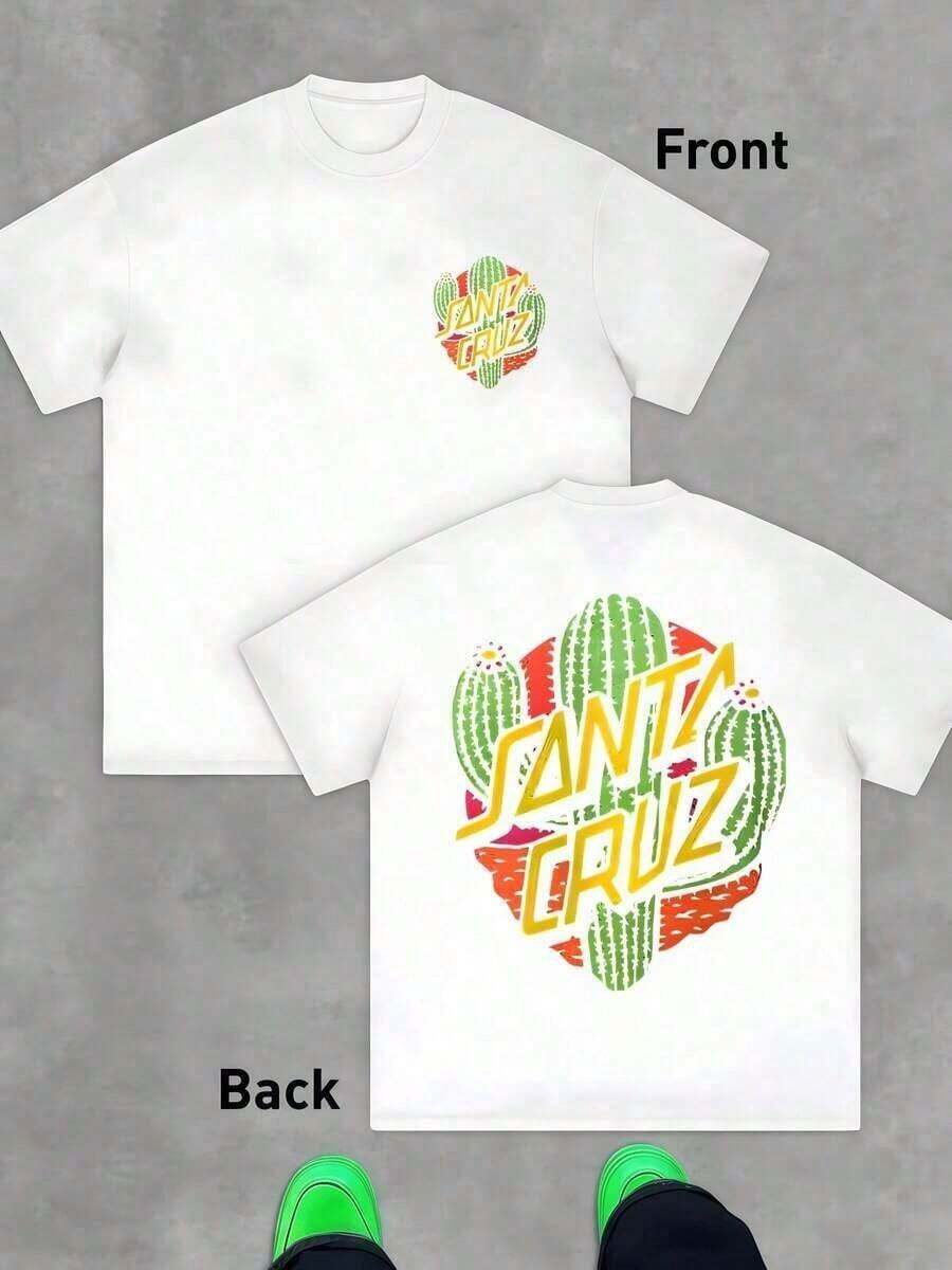 Green Cacti Symbolizing Vital Resistance Against The Desert Sun, Accompanied By The Text "" In Yellow Tones On A Dark Background, Express Youthful Energy And Adventurous Freedom. T-Shirt, Double-Sided, 100% Cotton, 220g - 白色的 - 查看 1