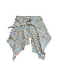 Retro Plaid Jumpsuit Skirt, Decorative Waist Tie Neutral High Waist Ruffle Hem Apron, Versatile Daily Wear Accessory - Multicolor - View 9