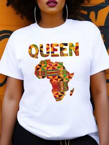 Camiseta Gráfica de Tela Kente para Mujer - Estampado de Letras "QUEEN" en Negras con Diseño Vibrante del Mapa de África, Manga Corta, Cuello Redondo, Estilo Casual para Verano y Primavera, Lavable a Máquina, Ropa Casual, Ajuste Cómodo. - Blanco - Ver 7