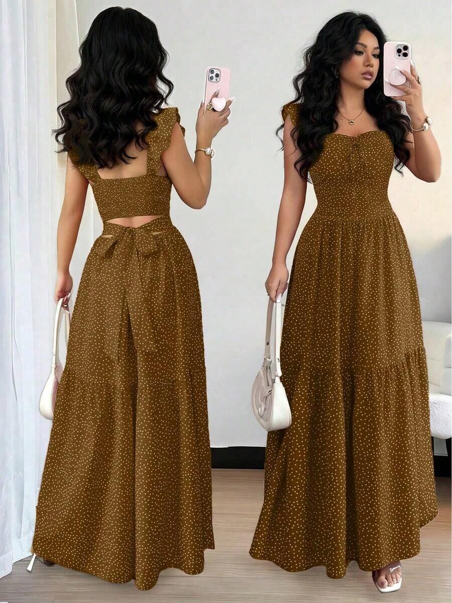 Vestido de verano con espalda descubierta y lazo delantero con estampado floral diminuto para vacaciones en la playa - Marrón 2 - Ver 1