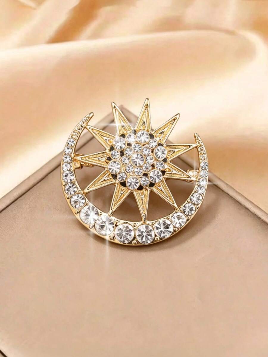 時尚新款 Ins 風優雅閃耀水晶八角星胸針，奢華小眾金屬徽章飾品，適合日常穿搭與送禮 - 金色 - 查看 1