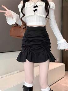 A Pure And Charming Slim-Fit Dress For Slightly Curvier Girls. A New Summer Design, A Short-Sleeved T-Shirt Dress With A Drawstring. - Black - View 2