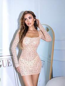 Vestido corto de malla transparente con escote cuadrado y strass brillante - Albaricoque - Ver 7