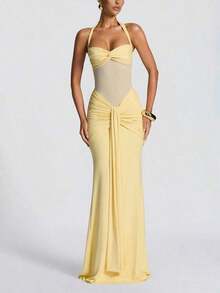 Spring Party Dress In Pink: Thin Straps, Open Back, Fitted Waist And High Slit With Mesh Details – Ideal For Holidays - 黃色 - 查看 4