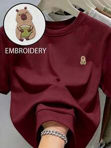 Women's Crew Neck T-Shirt With Embroidered Men's Print - Casual Crew Neck T-Shirt - Lightweight T-Shirt Suitable For All Seasons - 波爾多 - 查看 5