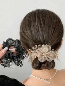 1 pieza Coletero de organza con estrella para mujer, pinza para el cabello con flores, accesorios elásticos para coleta, regalo para viajes y relleno de calcetines navideños - Rosa - Ver 2