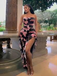 YHHSHEIN  Vestido ajustado con volantes y abertura con estampado de leopardo sexy y elegante para mujer, apto para uso diario, reuniones, citas, fiestas, vacaciones en isla, playaYHH - Rosa - Ver 5
