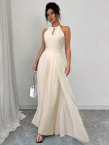 Mono elegante de mujer con cuello en V, cintura ajustable, sin mangas, de gasa con parches, y bajo translúcido - Albaricoque - Ver 4