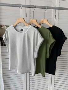 LUNE Set de 3 camisetas básicas de manga corta de unicolor, tops casuales, tops básicos para salir, tops de aeropuerto para mujer, tops de streetwear, tops de verano para mujer, 3 piezas, tops cortos, tops para mujer, camisetas para mujer, tops para salir para mujer, tops de festival para mujer, tops de color amarillo mantequilla para salir para mujer, tops de unicolor, tops sencillos, casuales - Verde militar - Ver 3