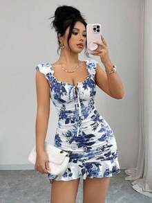 Vestido camisero con volantes en el bajo y hombros descubiertos, estilo vintage con estampado - Vestido entallado de línea A - Gris hierro - Ver 6