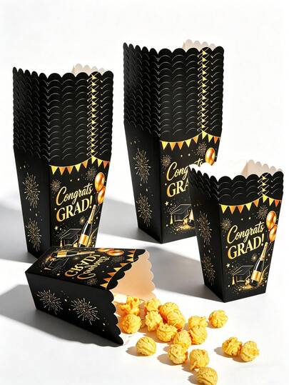 10 PIEZAS/1 PIEZA/Cajas de palomitas de maíz de graduación negro y dorado, cajas de papel desechables para aperitivos, decoraciones para fiestas de graduación, soportes para obsequios para la fiesta de graduación 2026