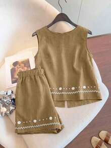 Conjunto casual de vacaciones para mujer, blusa con cuello redondo y estampado teñido anudado en la espalda, combinada con shorts estampados, para /verano - Caqui - Ver 2