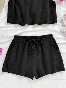 Top sin espalda con textura y lazo, holgado y casual para vacaciones, shorts casuales con elástico en la cintura y bolsillos, para playa y mar - Negro - Ver 3